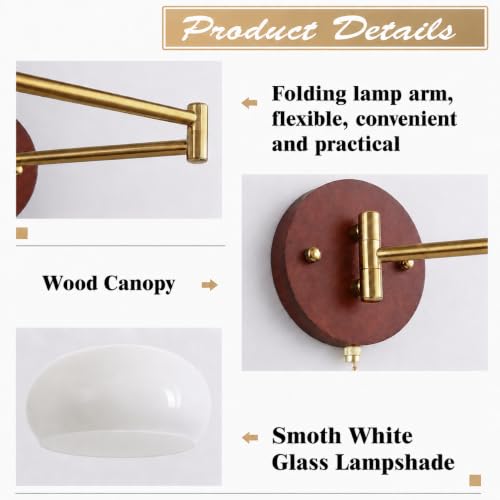 KCO Gold Swing Arm Wall Sconce with Pull Chain 7.9” Milk Glass Reading Lamp - color: 20cm White