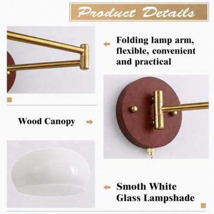KCO Gold Swing Arm Wall Sconce with Pull Chain 7.9” Milk Glass Reading Lamp - color: 20cm White