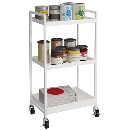 3-Tier Metal Utility Rolling Cart, Rectangular Cart with Lockable Casters, Kitchen Storage Carts Suitable for Office, Bathroom, Kitchen - White(12.1" D x 17.7" W x 31.2" H) - color: White