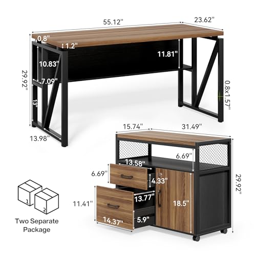 LITTLE TREE 55" Executive Computer Desk and Lateral File Cabinet, L-Shaped Office Desk with Storage for Home Office, Study Writing Workstation, Walnut + Black - color: Walnut+black