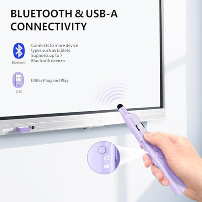 N21 Bluetooth Presentation Clicker for PowerPoint with Retractable Pointer | ①Laser Pointer②Telescopic touch pen③Countdown timer, vibration alert ④Customizable Button ⑤Rechargeable;battery level display - color: Purple - Green Pointer