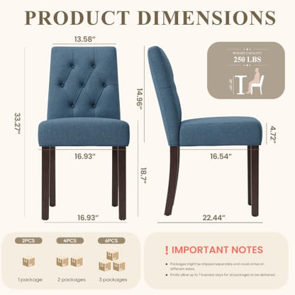 Upholstered Dining Chairs Set of 2, Modern Fabric Dining Chairs with Tufted Design, Kitchen Side Chairs, Farmhouse Dinner Chair with Wood Legs for Kitchen Restaurant Living Room, Blue - color: Blue, size: Set of 2