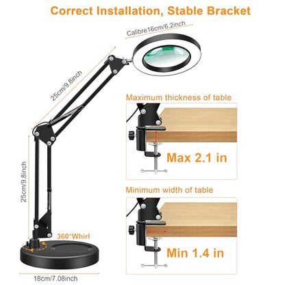 10X Magnifying Glass with Light and Stand, Magnifier with Light Hands Free, 3 Color Modes 10 Level Dimmable, Magnifying Real Glass LED Desk Lamp for Close Work, Repair, Reading, Craft, Black - color: Black