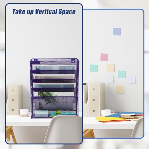 EASEPRES Desk File Organizer Mesh 6-Tier, Hanging Wall Mount Document Organization Stand, Desktop Vertical Mail Paper Folder Holder Rack with Bottom Tray for Office Home Cubicle Countertop, Purple - color: Purple, size: 6 Tier