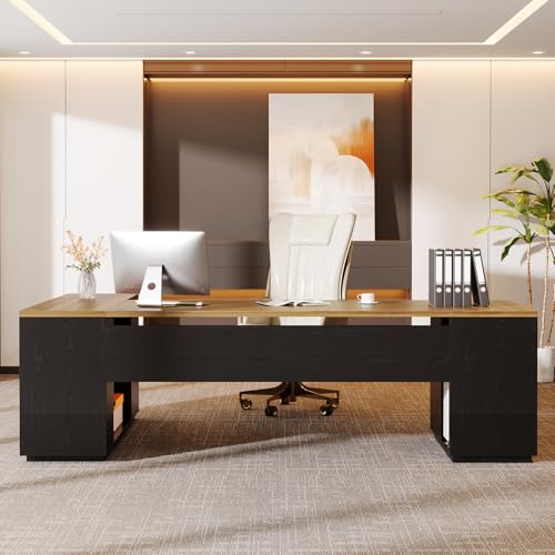 Tribesigns 85.8-Inch L-Shaped Executive Desk, Extra Large Home Office Desk - color: Brown & Black