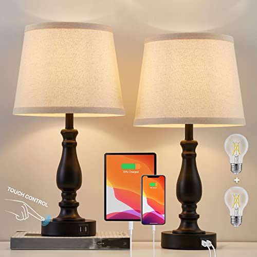 EJIAXIN Lamps for Bedroom Set of 2,Touch Bedside Table Lamp with USB C+A Ports,Dimmable Nightstand Lamps with Round Fabric Linen Lampshade for Living Room Reading Bed Side End Table,Bulbs Included - color: Light oat color Shade and Black Base