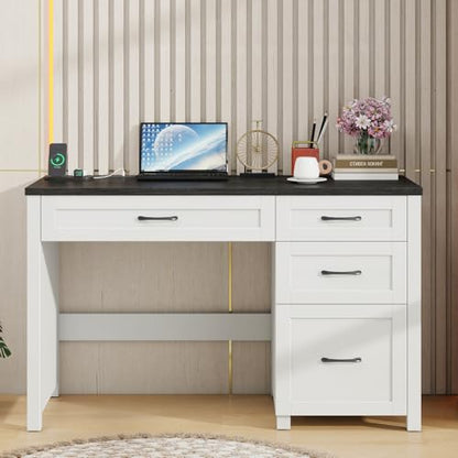 Vabches Farmhouse 47" Computer Desk with 4 Drawers, Black | Executive Desk with File Drawer and Charging Station, Workstation for Home Office, Study - color: Black With Charging Station