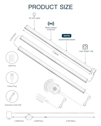 Daymeet Motion Sensor Dimmable 12 Inch Ultra Thin Under Cabinet Lighting, Under Cabinet Lights Plug in, Super Bright LED Lights Bar Under Counter Lights Indoor for Kitchen, Shelf, Closet (3 Pack)