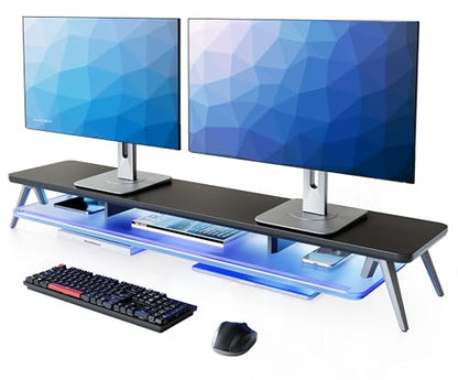 Fenge Dual Monitor Stand with 8-Mode LED Lights and Frosted Shelf, Black | Sturdy Aluminum Legs, Built-In Phone & Tablet Slot, 2-Tier Storage, 42.5-Inch Desk Shelf for Gaming, Home Office & Streaming - color: Black