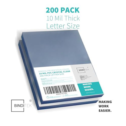 Binditek 10 Mil PVC Binding Covers, 8.5 x 11 Inches, Clear, 200 Pack | Plastic Binding Covers, 8.5" x 11" Letter Size, Clear, Square Corners, Unpunched, Ideal for Business Reports and Proposals - size: 10 Mil, style: 200P , Clear