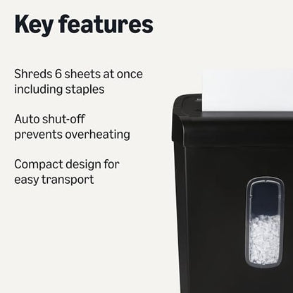 Amazon Basics 6-Sheet High Security Cross-Cut Paper and Credit Card Shredder, 3.7 Gallon, Shreds Staples, Auto Shut-Off, Compact Design for Home, Black - style: Cross Cut