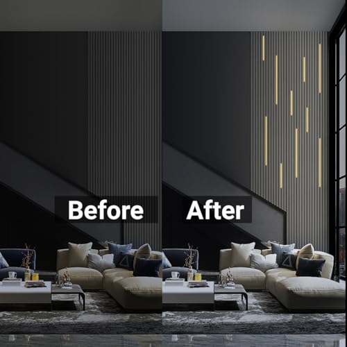 HAMRVL Black Wall Panel Lights - 10pcs 3000K Warm White Slat Wall Lights with Touch Control, Dimmable Self-Adhesive LED Recessed Lighting for Wood Slat Wall Panel, Media Wall, Bedroom, Living Room - size: 19.7in＋39.4in/10 Pack
