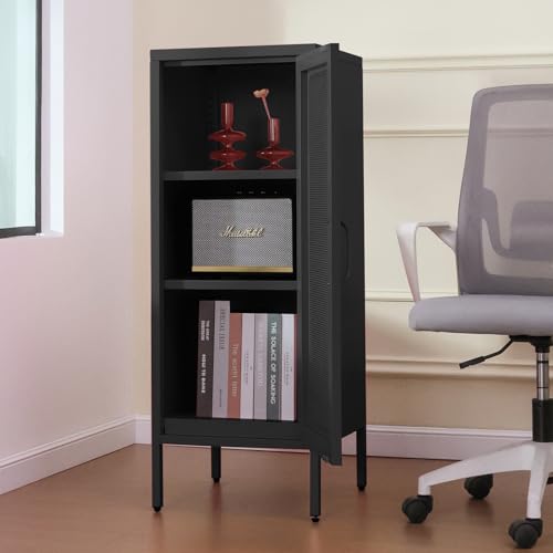Slim Metal Storage Cabinet with Mesh Doors - 42'' Tall Narrow Organizer Tower, Compact Freestanding Cabinet, Versatile Utility Storage for Home, Office, Kitchen, Living Room, Durable and Modern Design | 42" Tall Narrow Cabinet, Adjustable Shelves, Steel O
