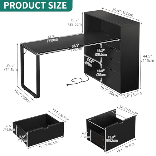 YITAHOME L Shaped LED Desk with Power Outlets & File Cabinet, Black - color: Black