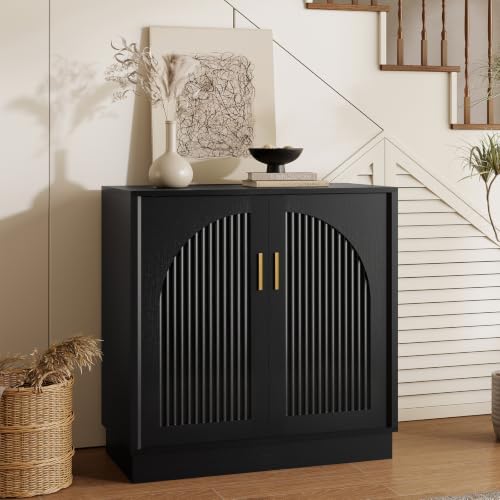 31.5" Fluted Sideboard Cabinet with Arched Doors, Buffet Cabinet, Black - color: Black