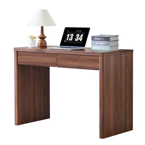 43 Inch Small Computer Desk with 2 Drawers, Mid Century Modern Writing Study Table for Home Office, Vintage PC Work Desk with Storage for Bedroom Small Spaces, Easy Assembly, MDF - Walnut - color: Walnut, size: 2 drawer