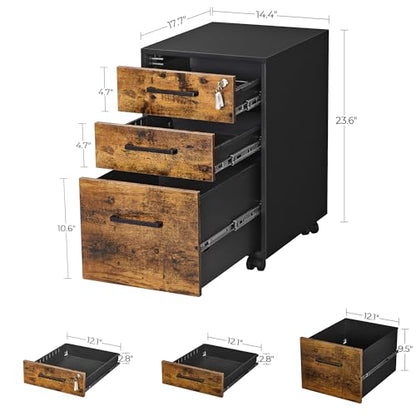 SONGMICS File Cabinet, Pre-Assembled Except Wheels and Handles, Office Filing Cabinet with Lock, for A4, Legal, Letter Sized Documents, 17.7 x 14.4 x 23.6 Inches, Rustic Brown and Black UOFC110B01V1 - color: Rustic Brown + Black, style: 3 drawer (23.6"H)