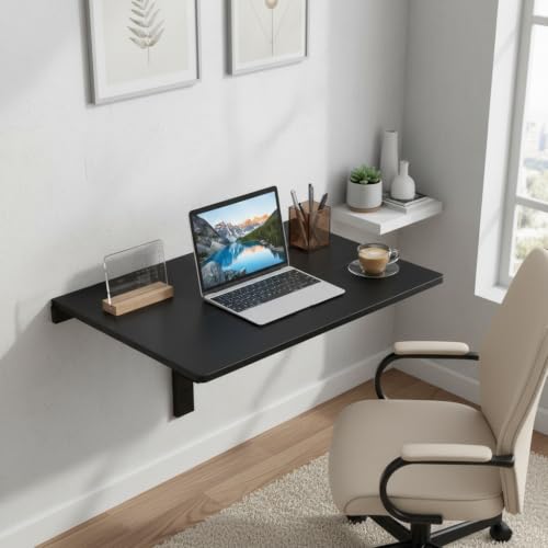 Tangkula 31.5" Wall Mounted Folding Desk, Drop-Leaf Floating Desk with Spacious Surface, Space-Saving Foldable Wall Table for Study, Bedroom, Laundry, Balcony & Small Spaces - color: Black