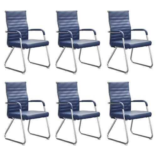 Okeysen Office Guest Chairs Set of 6, Modern Leather Reception Chairs with Mid Back & Sled Base, No-Wheel Desk Chairs for Waiting Room & Conference Room - color: Blue Leather/Silver Frame, size: Set of 6