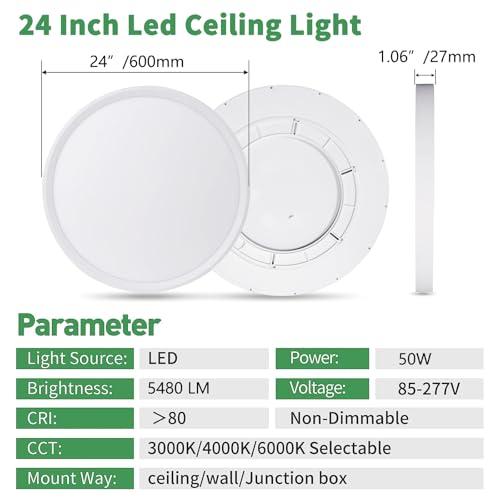 24Inch White Large LED Flush Mount Ceiling Light, 50W, 5480LM, 3CCT | 3000K/4000K/6000K CCT Selectable, White Close to Ceiling Round Flat Panel Light, Super Slim LED Ceiling Light for Bedroom - color: White, size: 24" 1PK