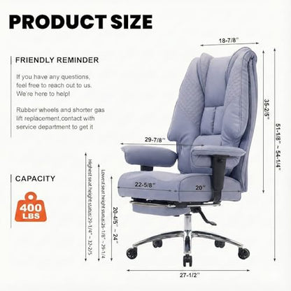 EXCEBET Big and Tall Office Chair 400lbs Wide Seat, Leather High Back Executive Office Chair with Foot Rest, Ergonomic Chairs Lumbar Support for Lower Back Pain Relief (Light Purple) - color: Bright Purple