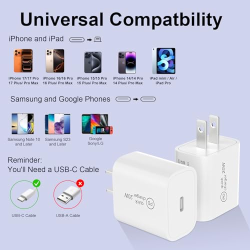 20W USB C Fast Charger Block, Compact PD 3.0 Wall Charger for iPhone 17/16/15/iPad Pro, Universal Compatibility, Travel Essential, 3X Faster Than 5W Charger - color: White