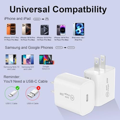20W USB C Fast Charger Block, Compact PD 3.0 Wall Charger for iPhone 17/16/15/iPad Pro, Universal Compatibility, Travel Essential, 3X Faster Than 5W Charger - color: White