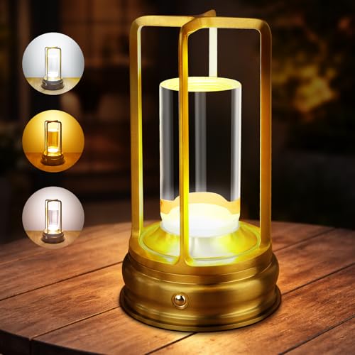 Cordless Table Lamp - Rechargeable LED Lamp with 2000mAh Battery, 3 Color Stepless Dimming & Touch Control, Portable Lamp for Indoor Outdoor, Bedroom, Restaurant, Bar, Patio, Camping, Gold - color: Gold