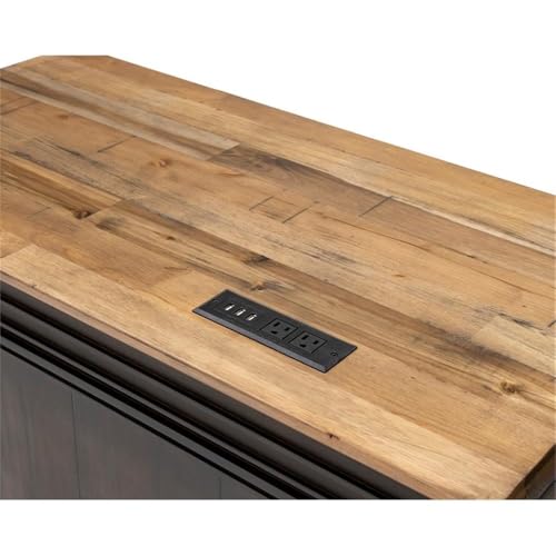 Bowery Hill Executive L-Desk & Return, 68 x 72 x 30 in, Solid Wood Plank Top, Brown Finish, Two-Tone Design, Antique Bronze Hardware, Dropfront Drawer, AC/USB Power Center, Fully Assembled Office Desk