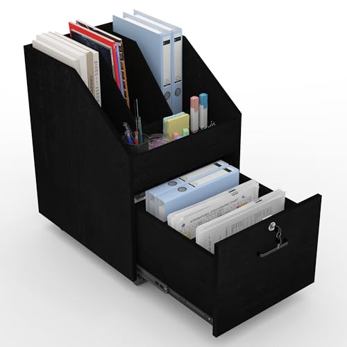 Mobile File Cabinet with Lock, Under Desk Rolling Wood Filing Cabinet with Open Storage Shelves, Lockable Drawer for Letter/A4 Hanging Folders, Home Office File Organizer, Black - color: Black