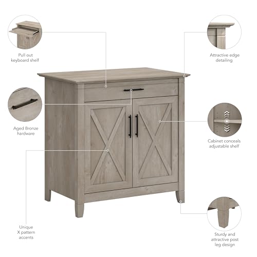 Bush Furniture Key West Secretary Desk with Keyboard Tray and Storage Cabinet in Washed Gray