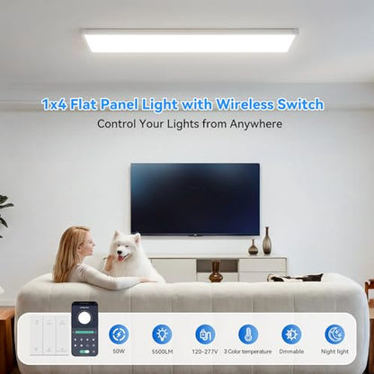AIKVSXER 2PCS 1x4 LED Flat Panel Light Surface Mount with Wireless Switch | App Control, Night Mode, 50W 5500LM, 3000K/4000K/6500K, Ultra-Thin LED Light for Office Home,120-277V - White
