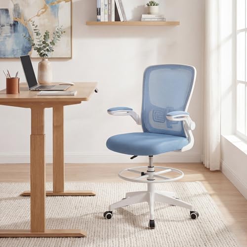 COSTWAY Drafting Chair with Flip-up Armrests & Adjustable Foot Ring, 1 Pack - color: Blue