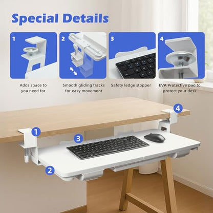 Keyboard Tray Under Desk with Drawer,26.77" X 11.81"Large Size Keyboard Tray with C Clamp-on Mount, Easy to Install, for Home Office (White) - color: White