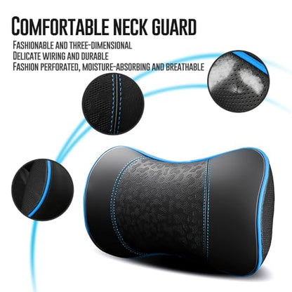 HAOTULE Car Leather Neck Pillows, Neck Rest Cushions,100% Memory Foam Cervical Support, Comfortable Travel car Seats and Home Office Soft Pillows, Blue a Set (2 pcs - color: Black-blue