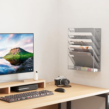 EasyPAG 5 Tier Wall File Holder, Mesh Hanging Folder Organizer with Classify Label, Versatile Desk File Holder, Vertical Wall Mounted Mail Organizer for Office Home Cubicle, Silver - color: Silver