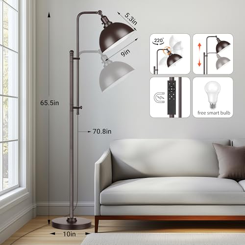 PARTPHONER Industrial Floor Lamp Adjustable, Rustic Farmhouse Reading Lamp in Aged Brown Finish Modern Standing Lamp with Remote Control Metal Shade for Living Room Bedroom Study Room Office Hotel - color: Brown