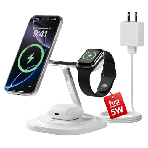 3 in 1 Magnetic Wireless Charger for Apple - Fast Charging Station Compatible with MagSafe for iPhone17-12, Apple Watch& AirPods, Phone and Watch Charger Stand for Desktop Bedside Nightstand (Ivory) - color: Ivory