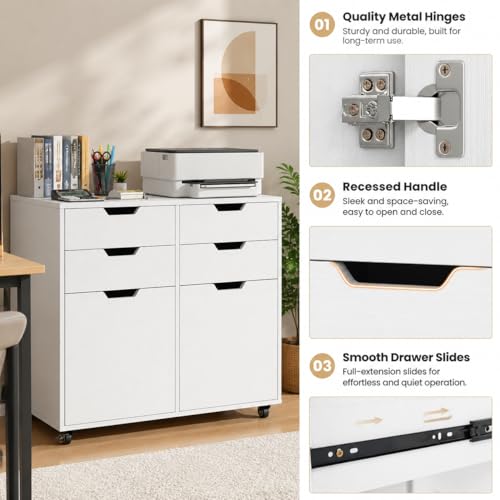 POWERSTONE Mobile File Cabinet with 4 Drawers & 2 Door, Rolling Under Desk Storage Chest with Lockable Wheels, Wood Printer Stand for Home Office Craft Room, White - color: White