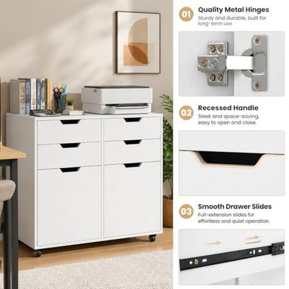 POWERSTONE Mobile File Cabinet with 4 Drawers & 2 Door, Rolling Under Desk Storage Chest with Lockable Wheels, Wood Printer Stand for Home Office Craft Room, White - color: White