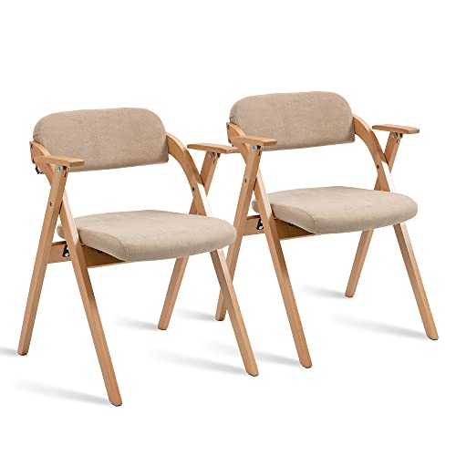 Folding Chairs with Armrest | Wooden Stackable Foldable Dining Chair with Padded Seats Set of 2 Extra for Guests Kitchen Office Wedding Party, Khaki - color: Khaki With Armrest, size: 2PCS