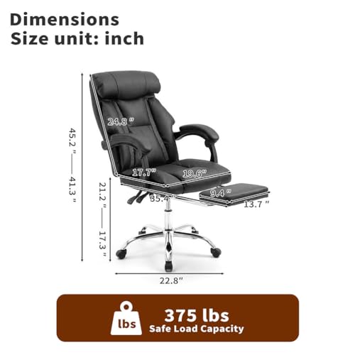 Executive Office Chair with Footrest, Ergonomic Reclining Desk Chair with Lumbar Support, High Back PU Leather Computer Chair with Adjustable Height, 135° Tilt Swivel Rolling Wheels for Home Office