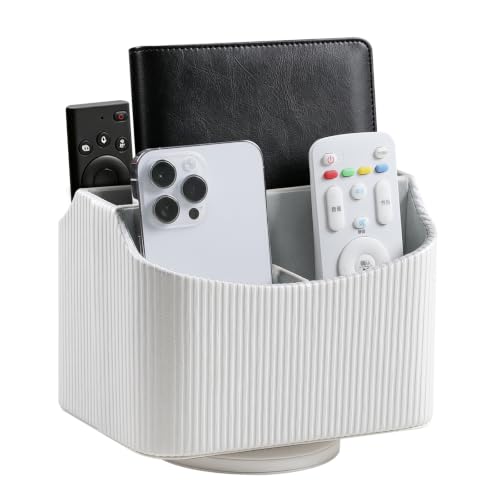 360° Rotating TV Remote Control Holder Desk Remote Organizer White | PU Leather 5 Compartments Remote Caddy, Spinnig Remote Organizer, Swivel Remote Holder for Nightstand Office Coffee Table - color: White