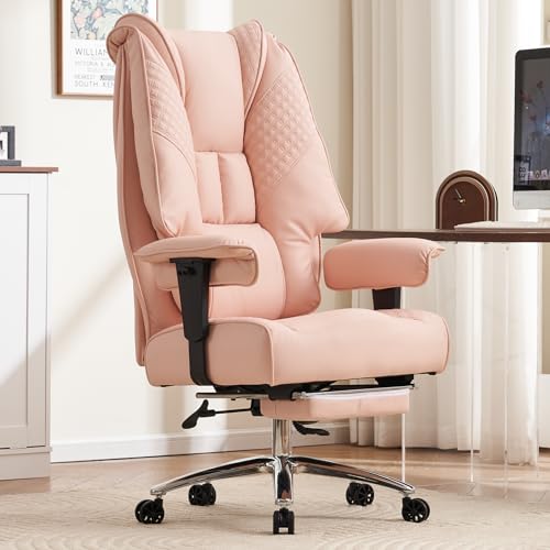 EXCEBET Big and Tall Office Chair 400lbs Wide Seat, Leather High Back Executive Office Chair with Foot Rest, Ergonomic Chairs Lumbar Support for Lower Back Pain Relief (Light Pink) - color: Light Pink