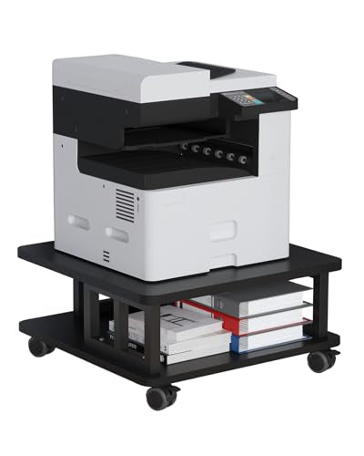 Mobile Printer Stand, 2-Tier Large Printer Shelf for Laser 3D Printer Office Machine with Storage, 23.6"x23.6" Wood Printer Cart Under Desk Rack with Wheels for Office Home Kitchen (Black) - color: Black