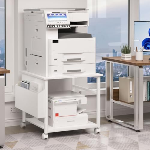 Lerliuo White Large Printer Stand with Storage | 23.6" W x 23.6" D x 22.8" H Printer Table for Home Office, Rolling Printer Cart Holder with Lockable Wheels & Side Pocket - color: White