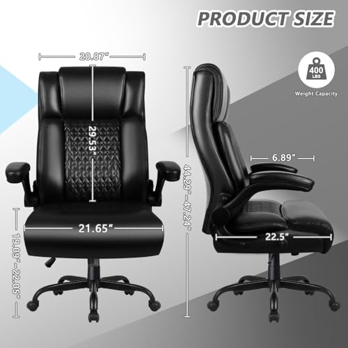 OFIKA Executive Office Chair Heavy Duty Office Chair Padded Flip Up Armrest, Computer Gaming Chair PU Leather Desk Chair, High Back Big and Tall Office Chair with Lumbar Support (Black) - color: Flip Up Armrest-black