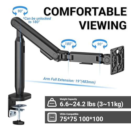Hexcal Single Monitor Arm, Up to 35 inches Monitor Mount, 11 kg (24.2 lbs) with Built-in Cable Management and Free VESA 75x75mm or 100x100mm - Black