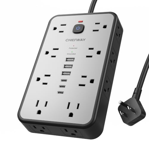6 FT Surge Protector Power Strip with 6 USB, 16 Outlets, 2400J | 3 USB-A & 3 USB-C Ports, 1.7" Wide-Spaced Outlets, 1875W/15A, Flat Plug, 4-Sided Design for Home, Office, Dorm & Gaming - color: Black / Gray, size: 6 FT