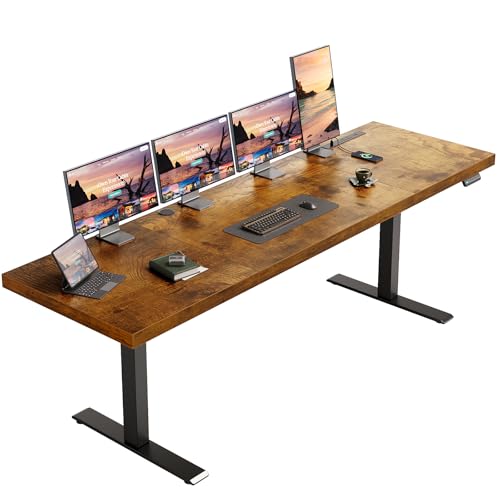 OffiGo 79" Executive Electric Standing Desk Height Adjustable, Rustic Brown | 1.38" Thick 3-Panel Desktop, Power Outlets, 3 Memory Presets, Dual-Beam Frame for Home Office, Workstation, Conference Room - color: Rustic Brown, size: 79 Inch